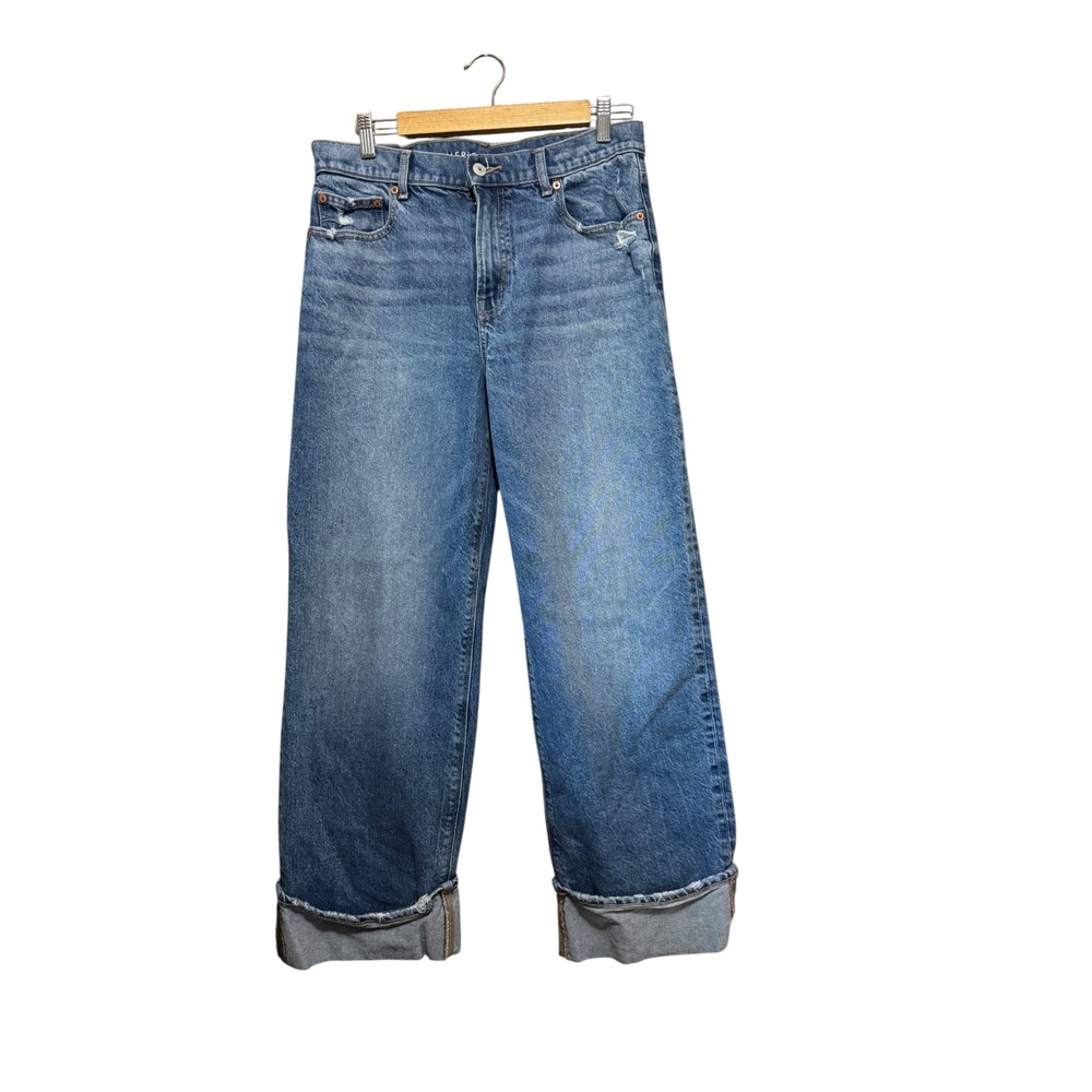 American Eagle Stovepipe Jeans Womens 6 Blue Excellent High Rise Wide Leg Cuffed